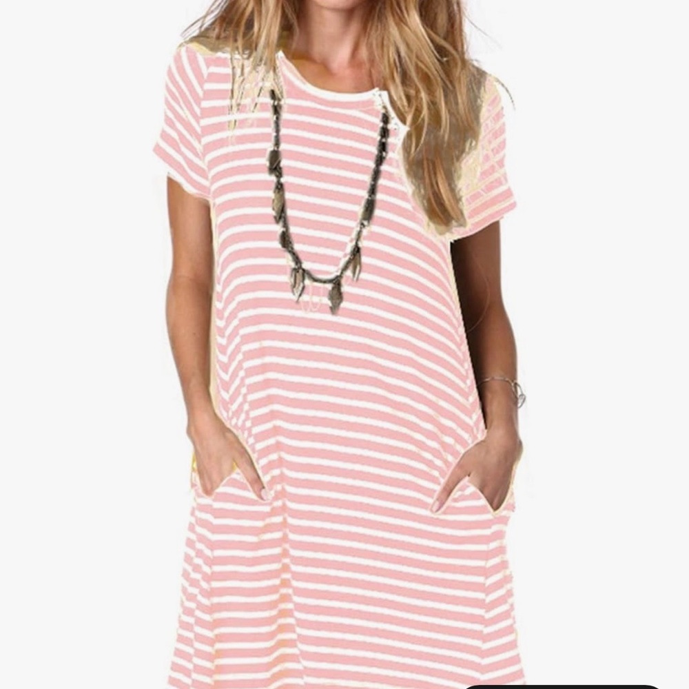 Striped Pink & White Casual T-Shirt Dress with Pockets